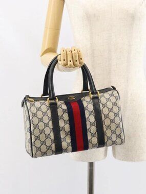 GUCCI GG Supreme Sherry Line Boston Bag PVC Navy Gold 69 02 006 Auth 159404